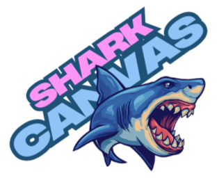 Logo of Shark Canvas with a shark illustration on a white background